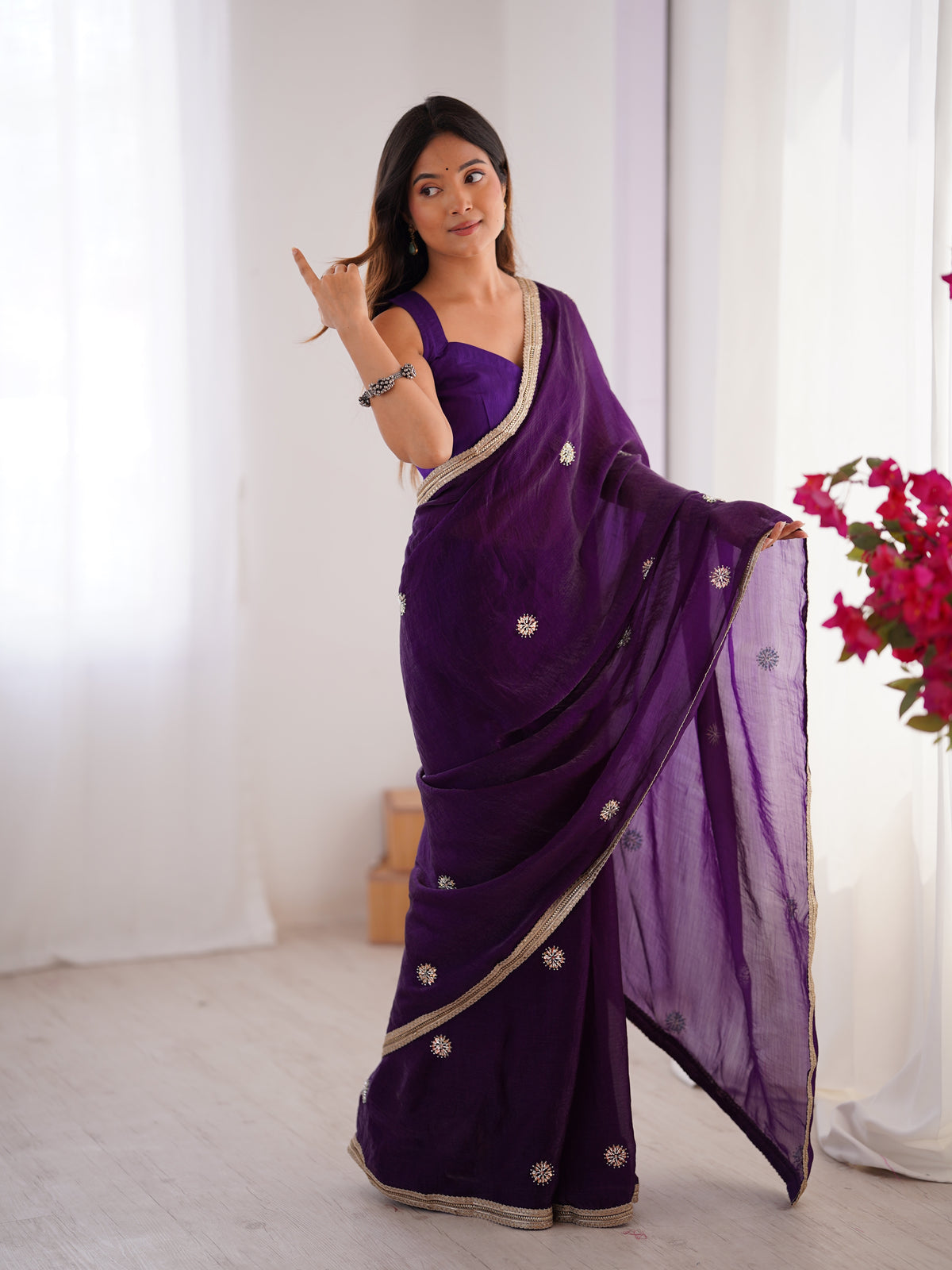 Purple Wedding Wear Embroidered Saree for Women