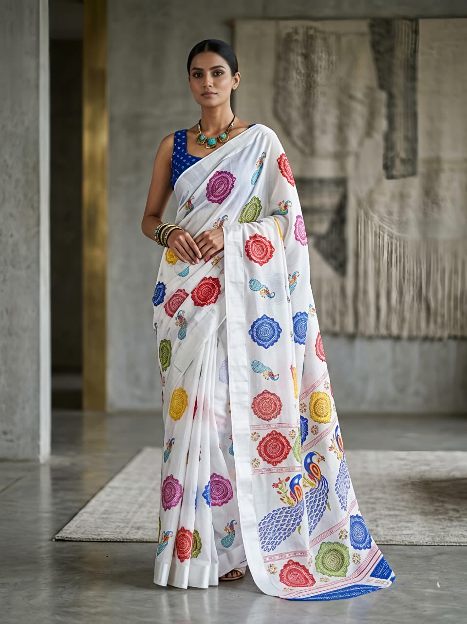Rajwadi Mor White Saree Bandhej Print Georgette Style for Women
