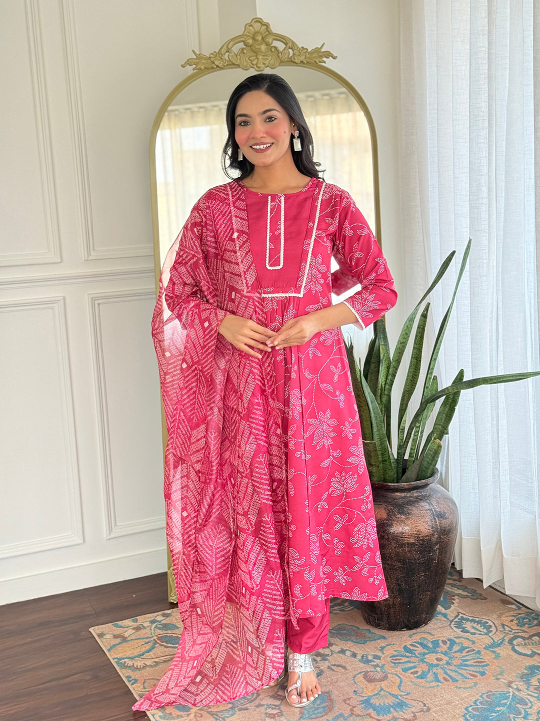 Rani Pink Embroidered Rayon Kurti Pant Dupatta Set for Women