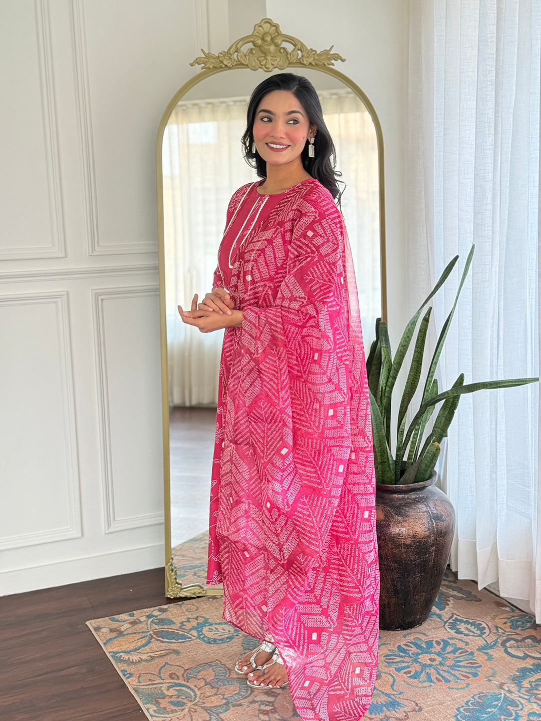 Rani Pink Embroidered Rayon Kurti Pant Dupatta Set for Women