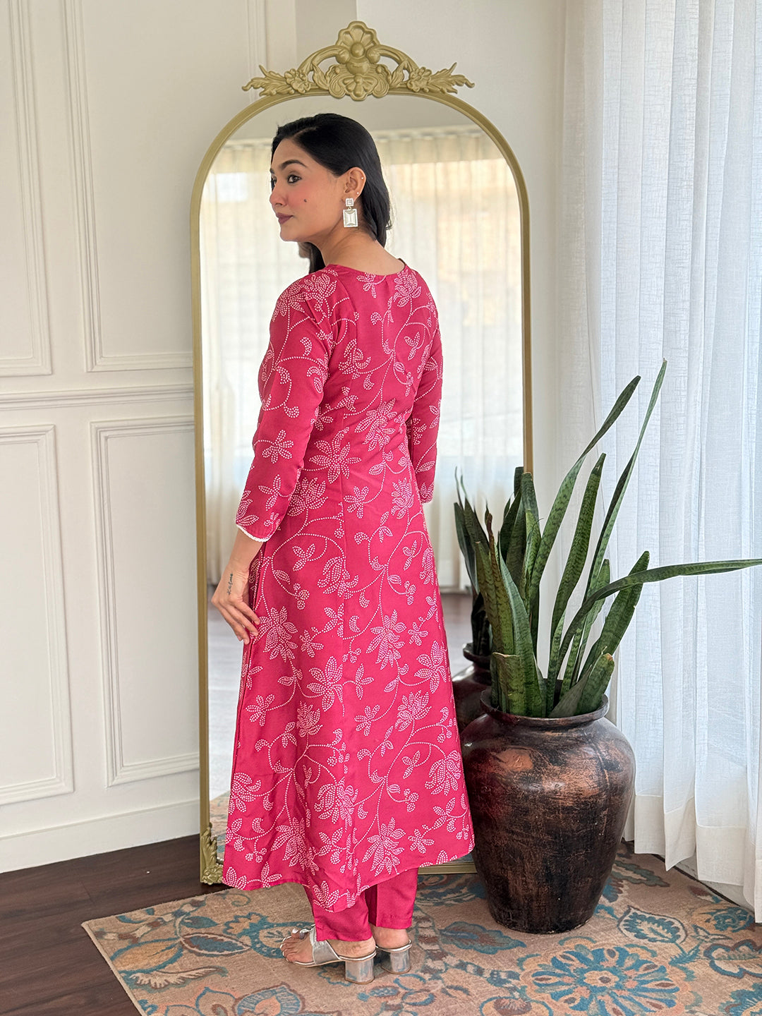 Rani Pink Embroidered Rayon Kurti Pant Dupatta Set for Women