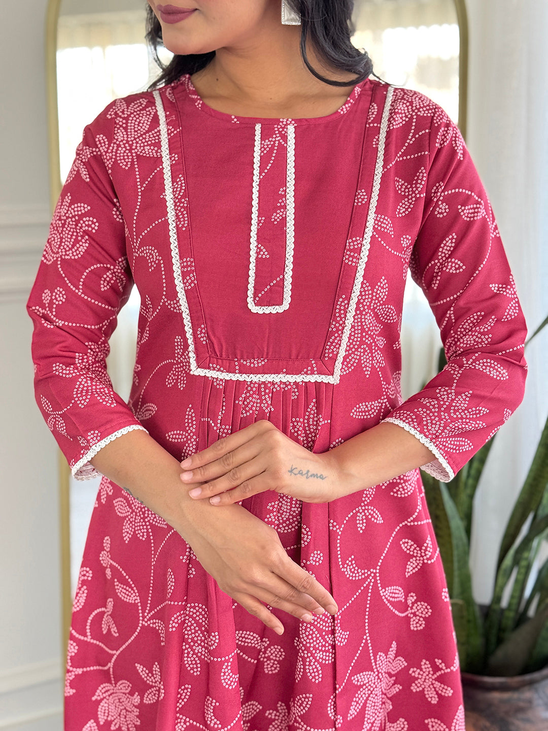 Rani Pink Embroidered Rayon Kurti Pant Dupatta Set for Women