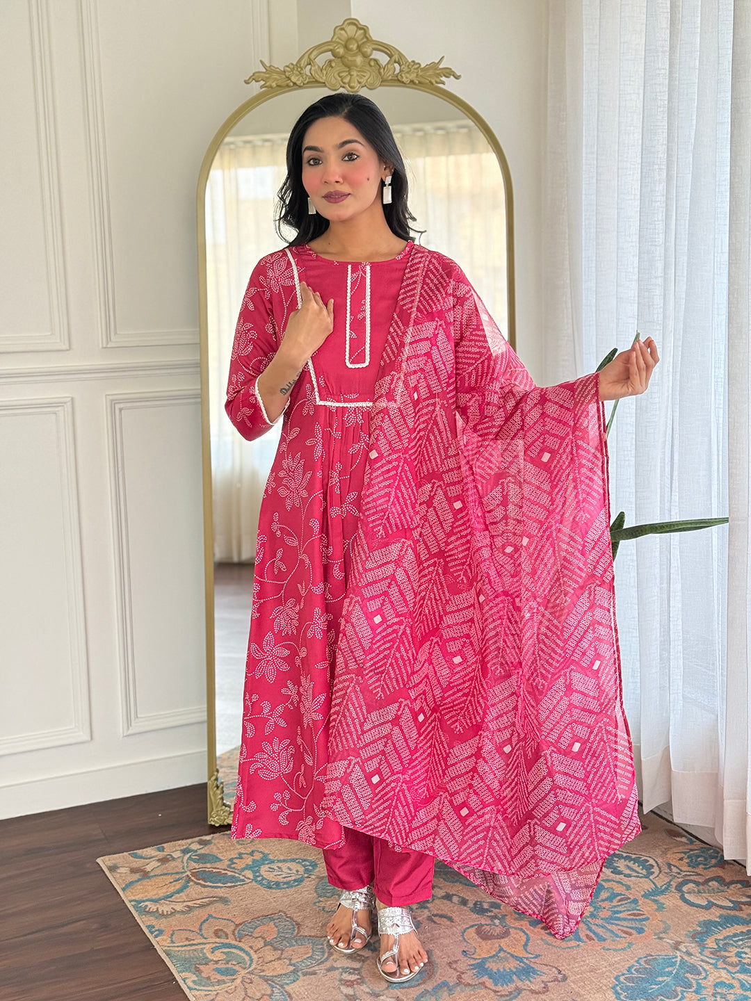 Rani Pink Embroidered Rayon Kurti Pant Dupatta Set for Women