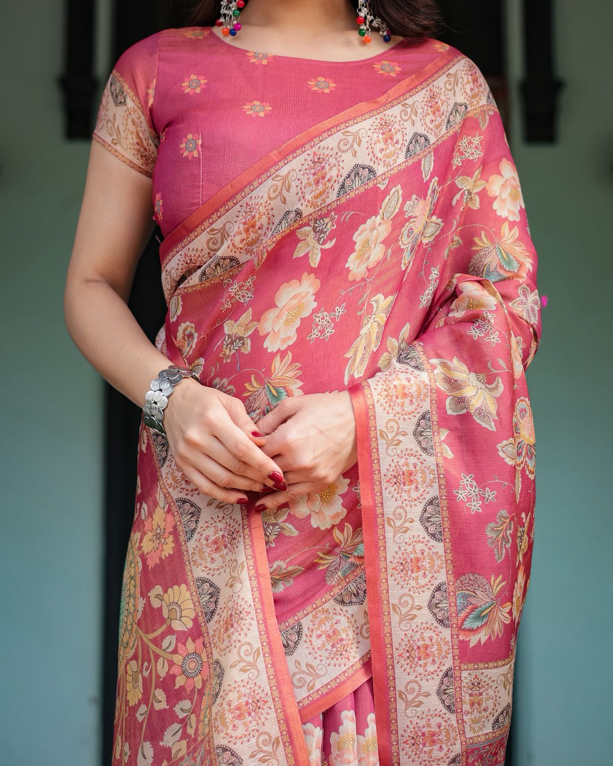 Rani Pink Floral Handloom Saree with Blouse for Women