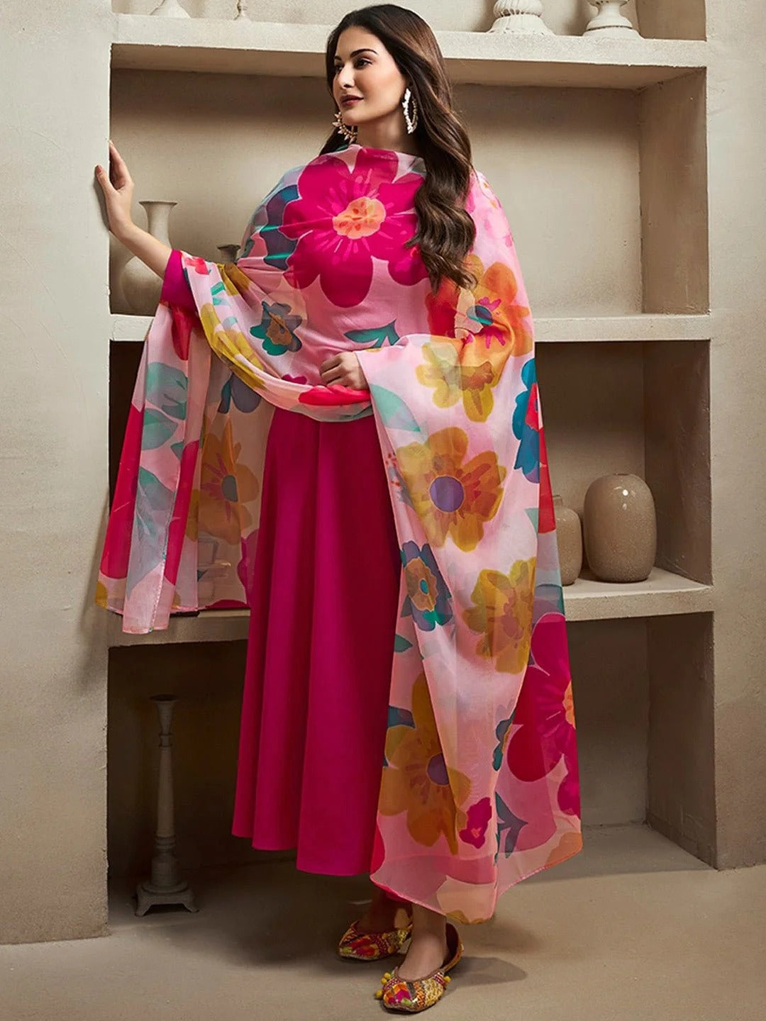 Elegant Rani Pink Ethnic Kurti Set with Organza Dupatta for Women