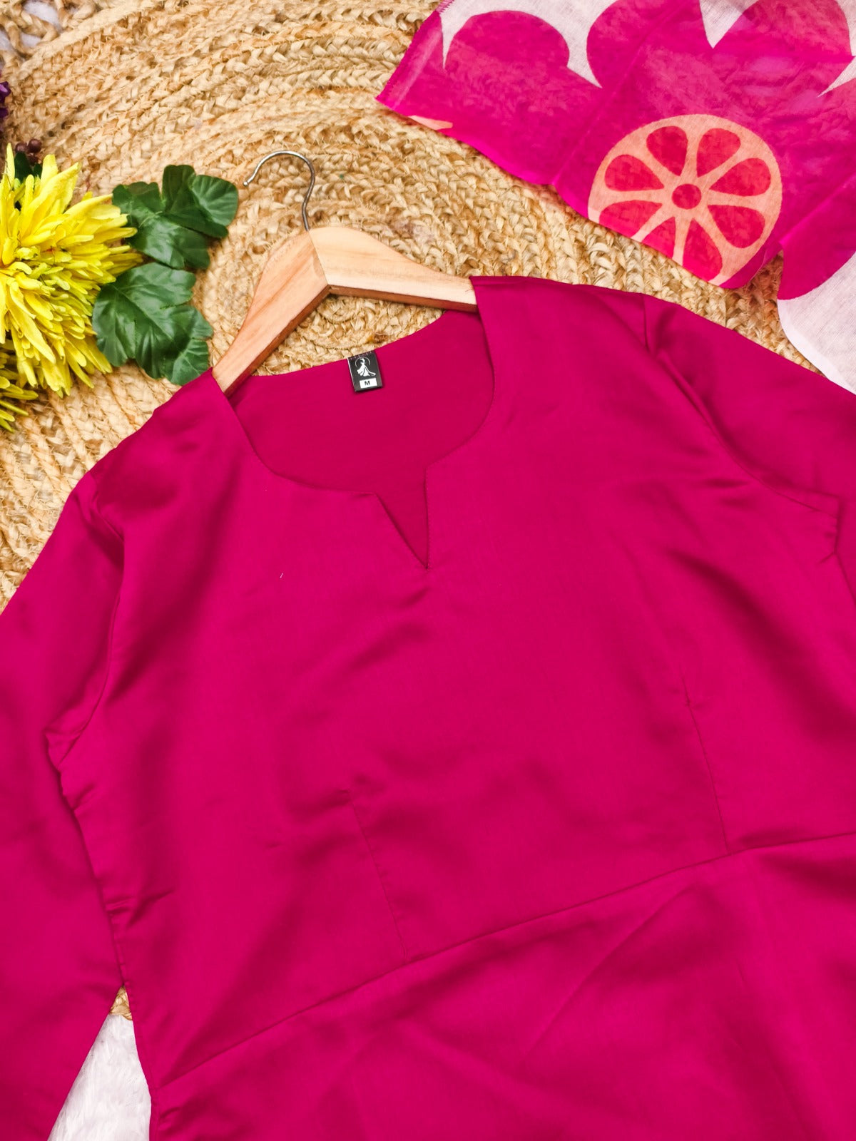 Elegant Rani Pink Ethnic Kurti Set with Organza Dupatta for Women