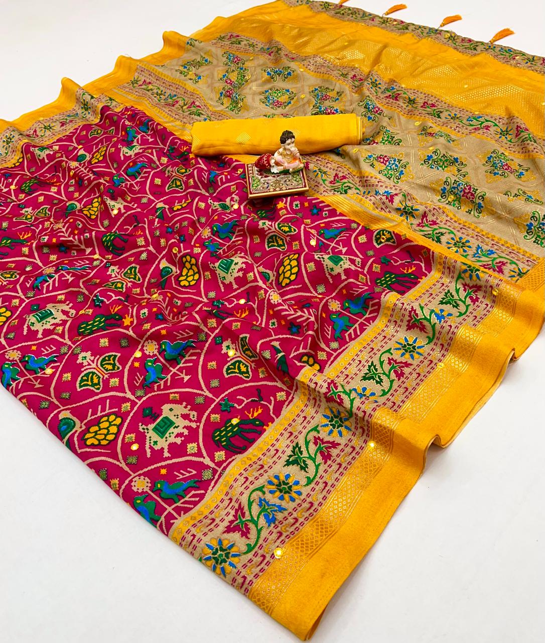 Designer Rani Pink Patola Print Pashmina Silk Festive Saree for Women