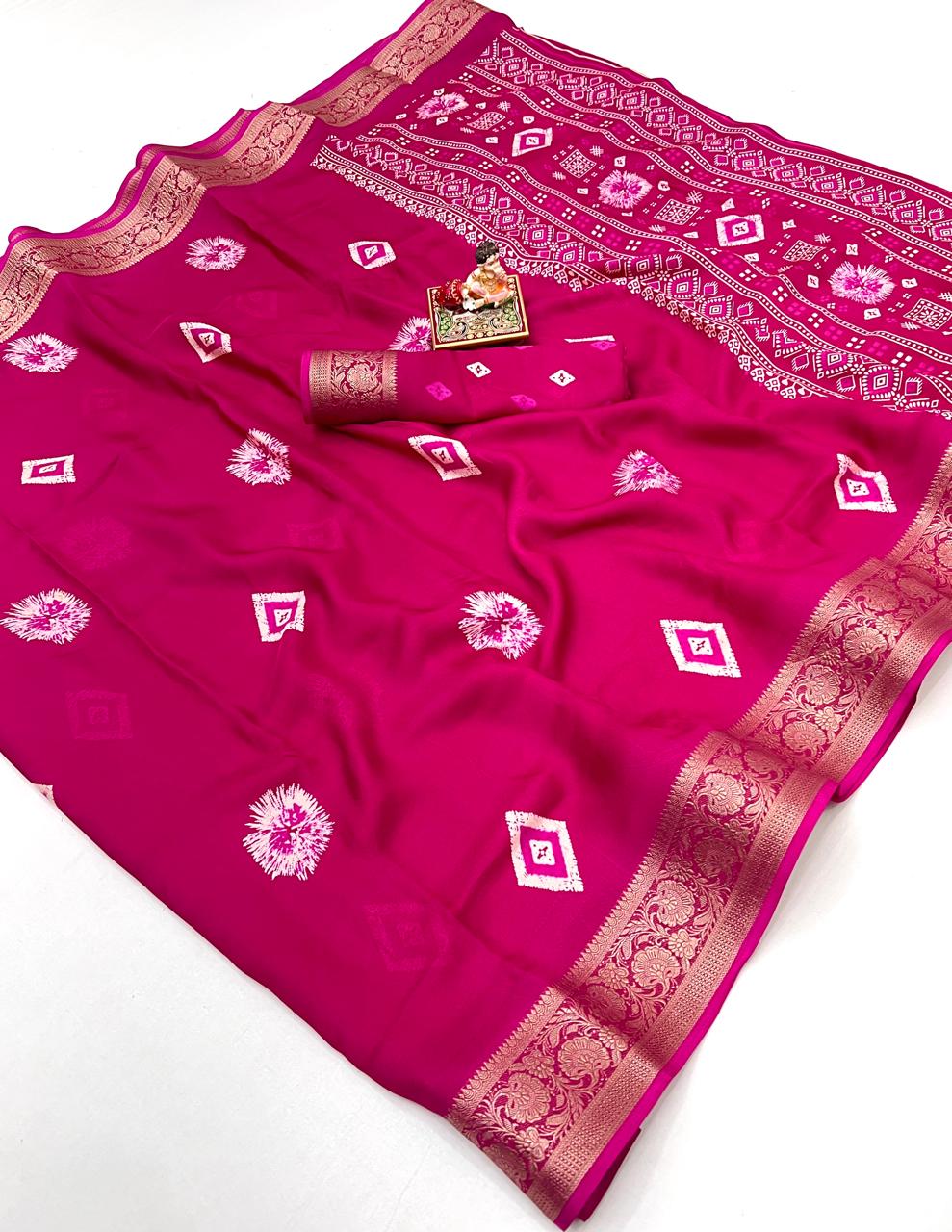 Rani Pink Moss Georgette Saree with Zari Border for Women
