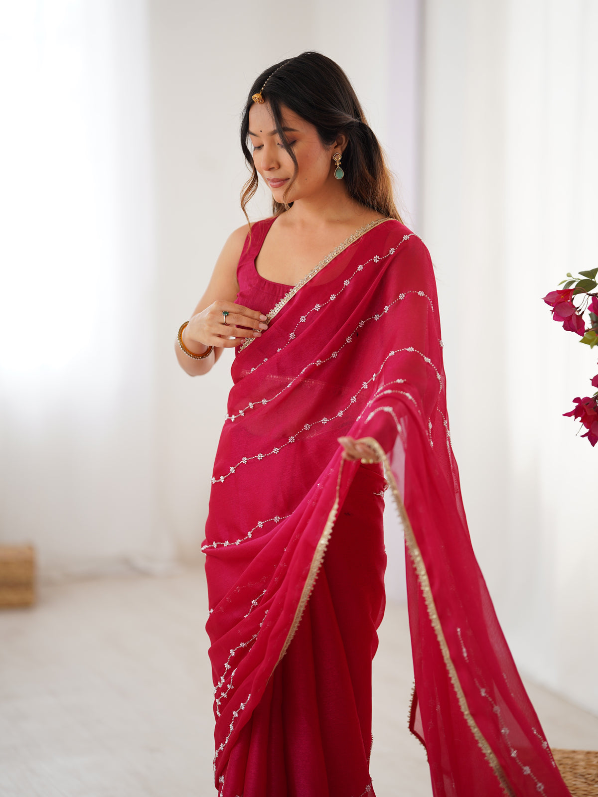Rani Pink Heavy Smooth Sitara Saree with Sequin Embroidery for Women