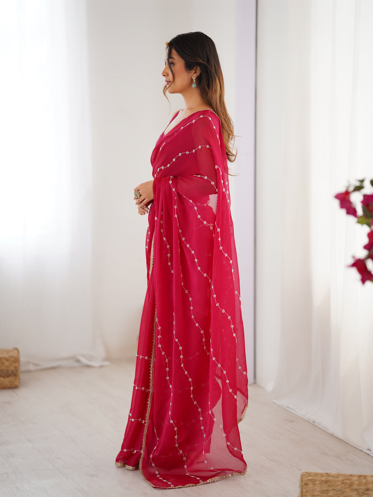 Rani Pink Heavy Smooth Sitara Saree with Sequin Embroidery for Women