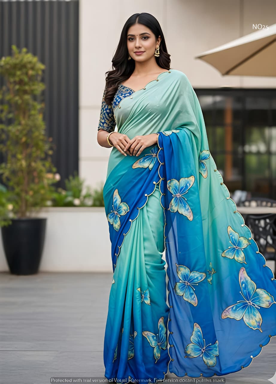 Rasmalai Butterfly Print Georgette Saree with Mirror Work for Women