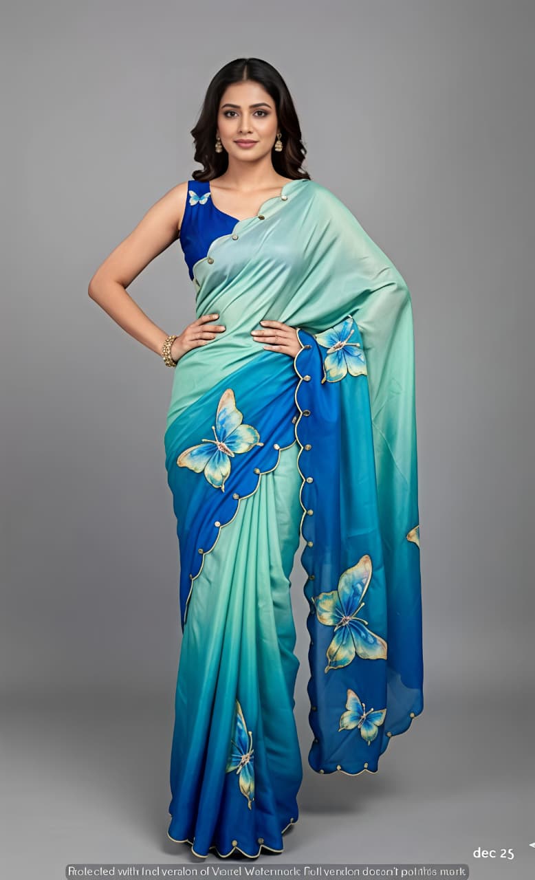 Rasmalai Butterfly Print Georgette Saree with Mirror Work for Women