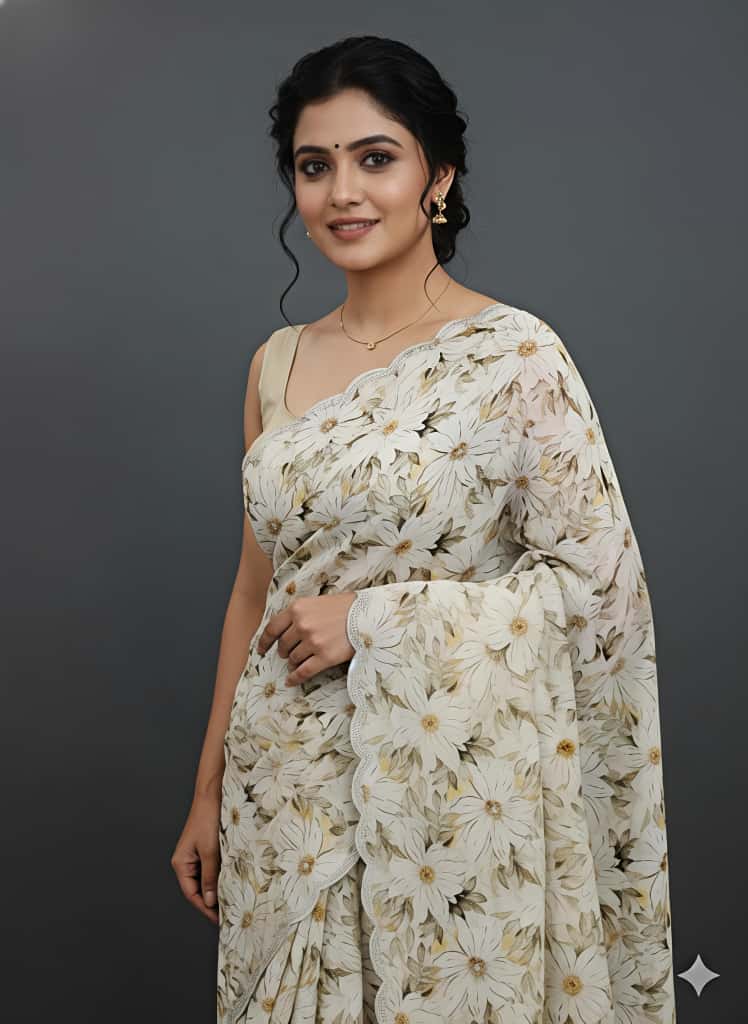 Cream Floral Georgette Saree with Scalloped Border for Women