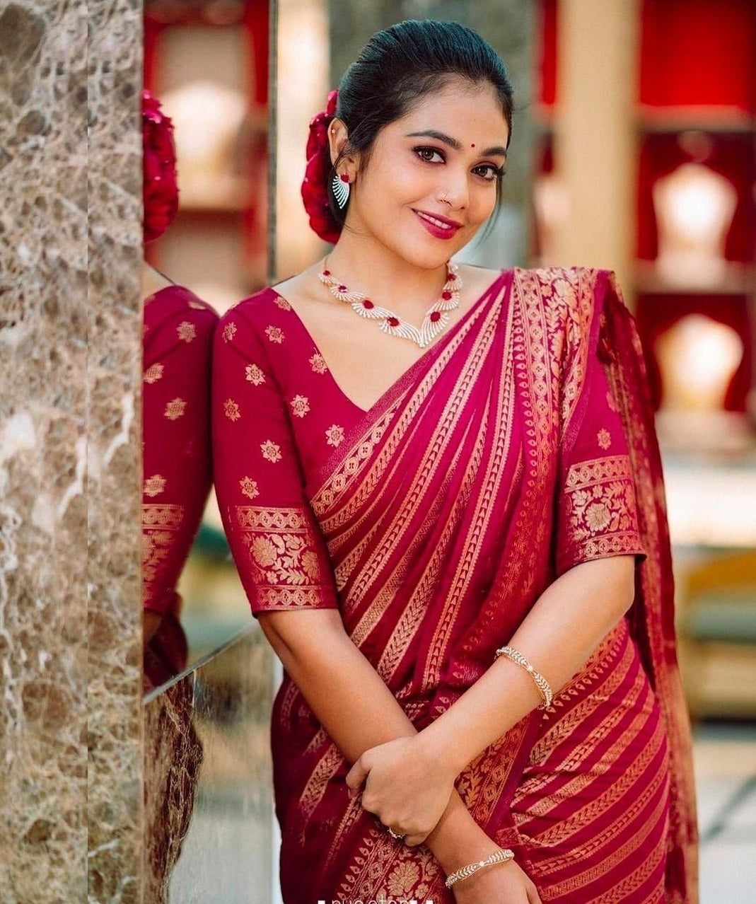 Red Banarasi Soft Silk Saree with Elegant Zari Work for Women