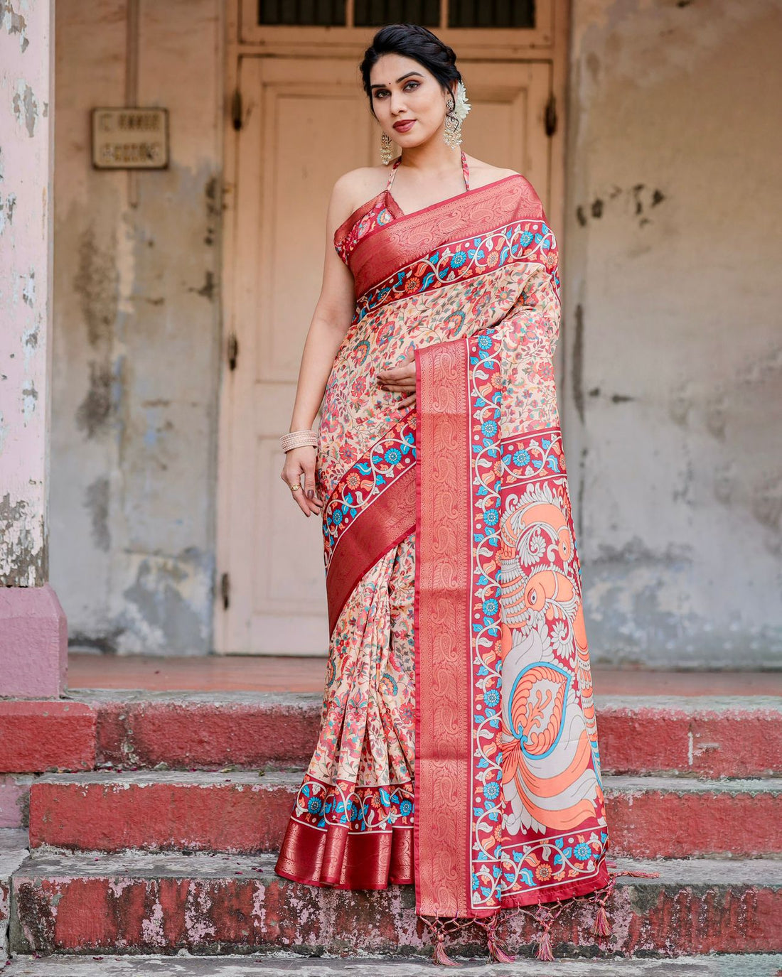 Red Beige Banarasi Silk Saree with Floral Pattern for Women