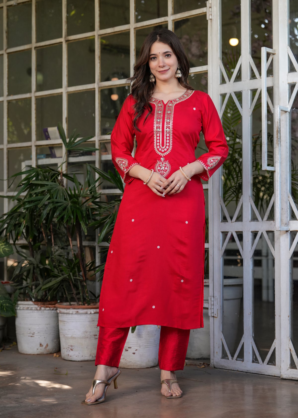 Festive Red Chanderi Kurta Pant Dupatta Set Women for Women