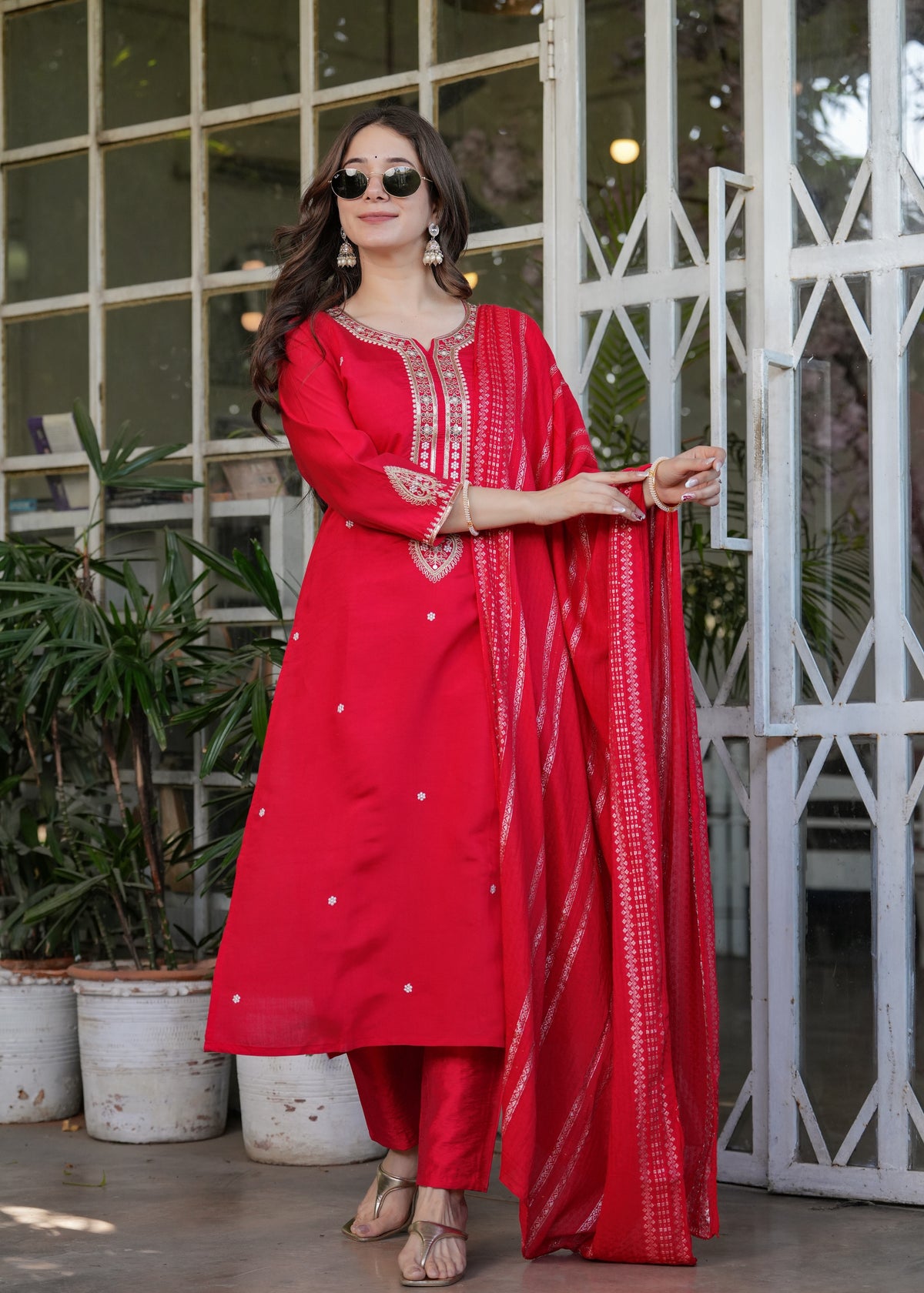 Red Chanderi Threadwork Suit Set for Women