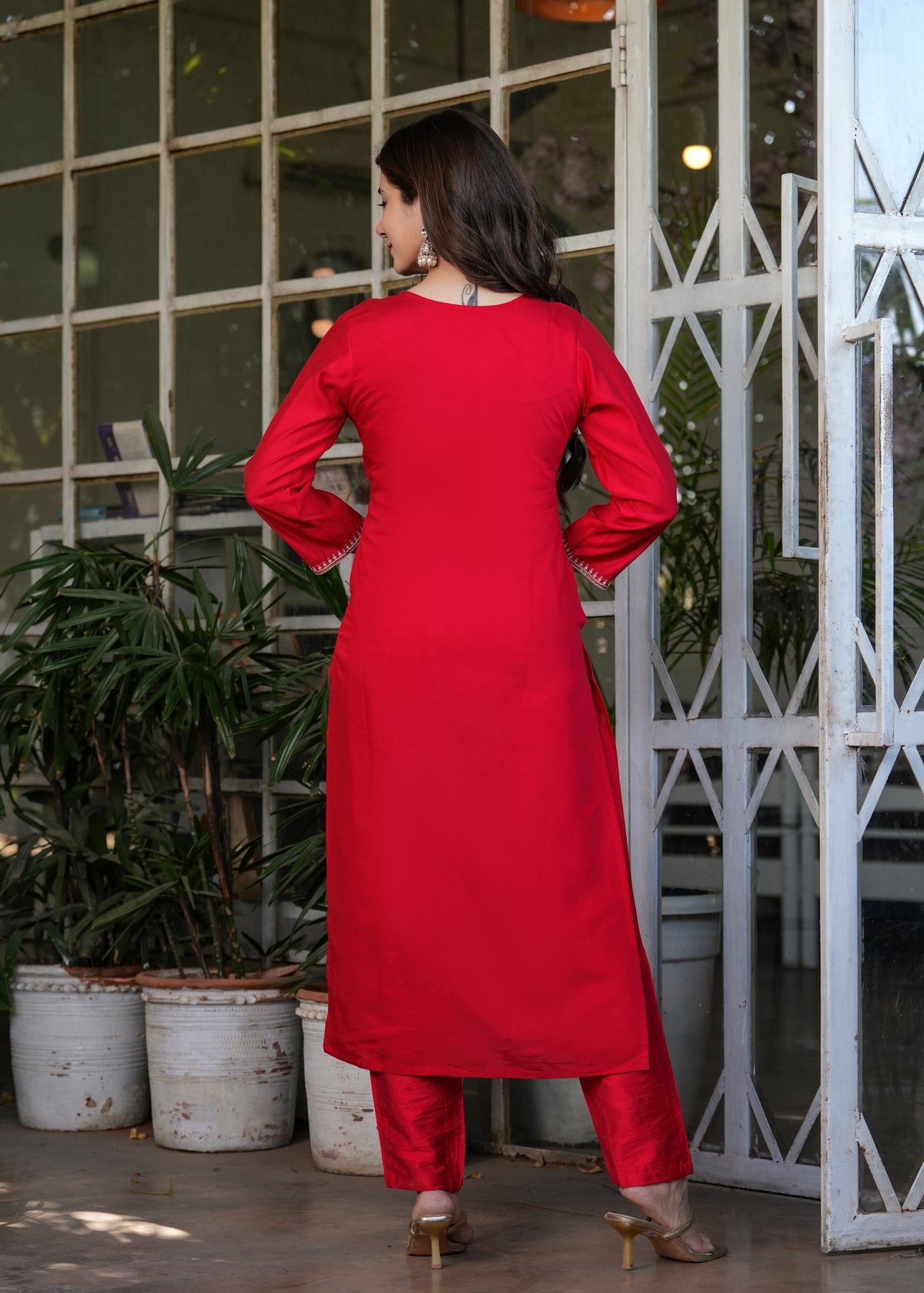 Red Chanderi Threadwork Suit Set for Women