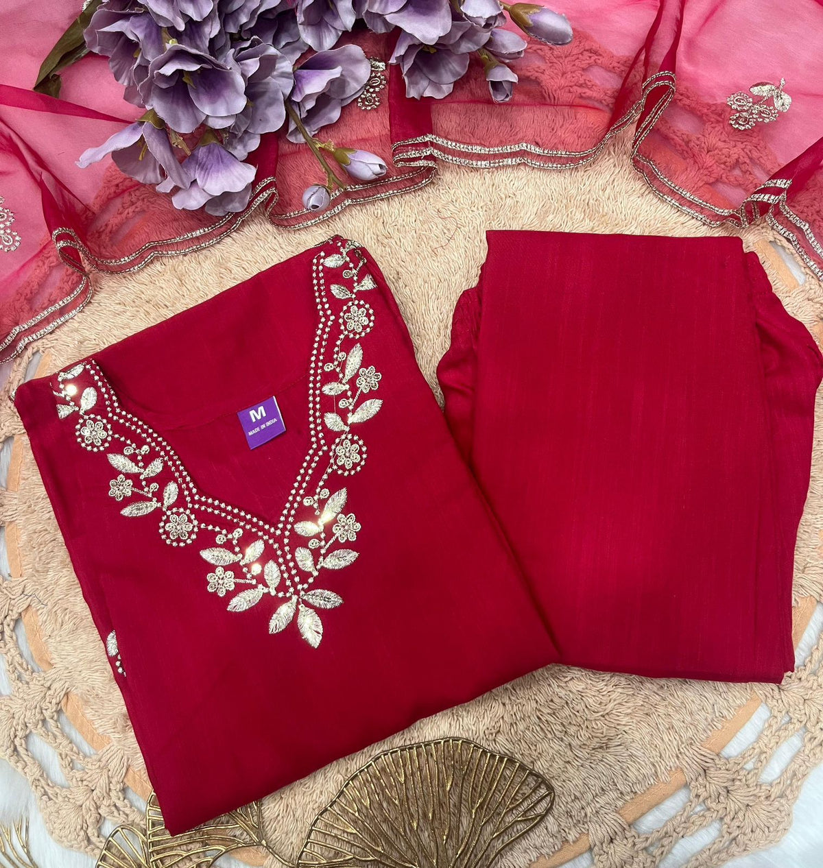 Red Cotton Embroidered Kurta Pant Dupatta Set Women for Women