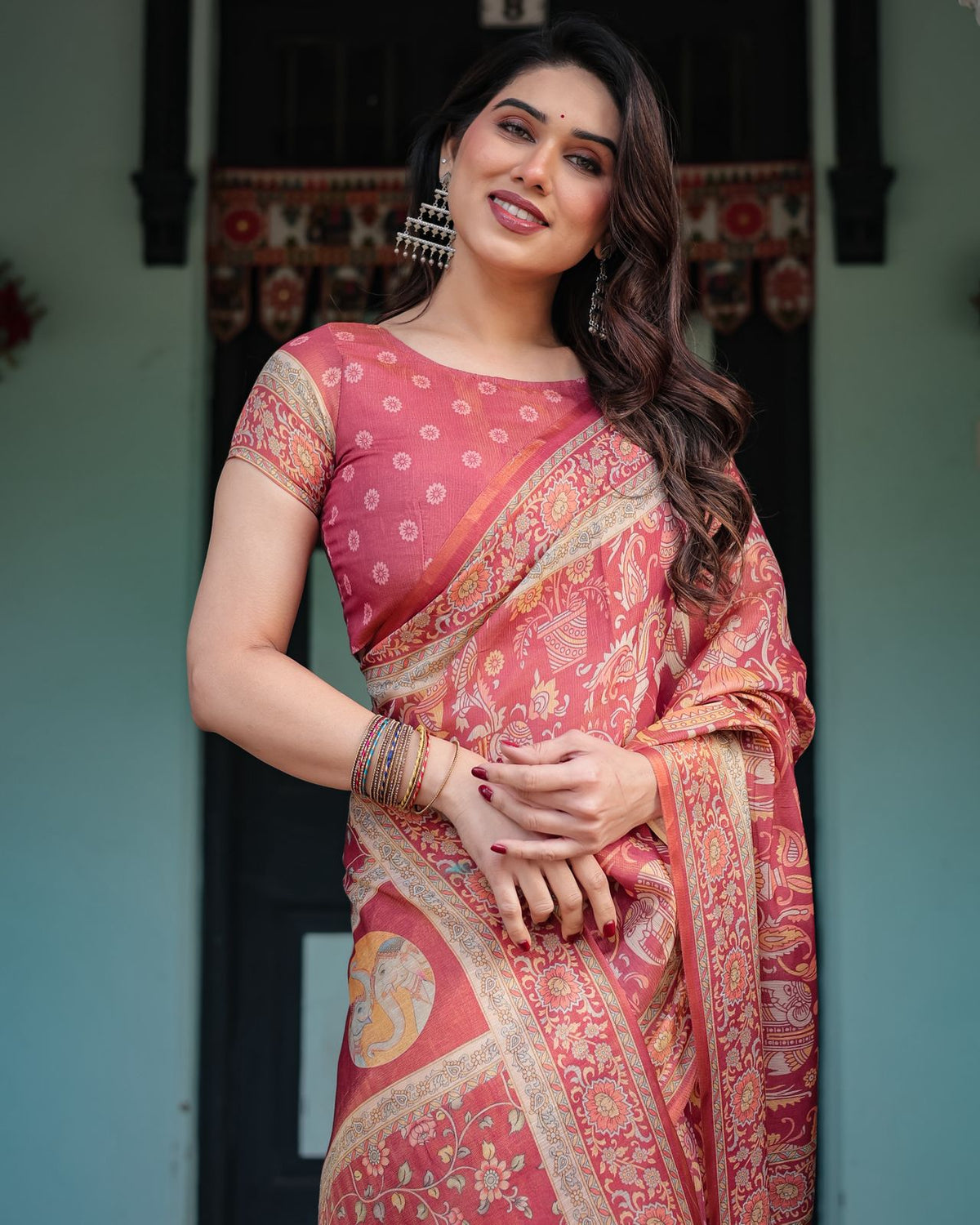 Rust Red Handloom Printed Saree with Ethnic Border for Women