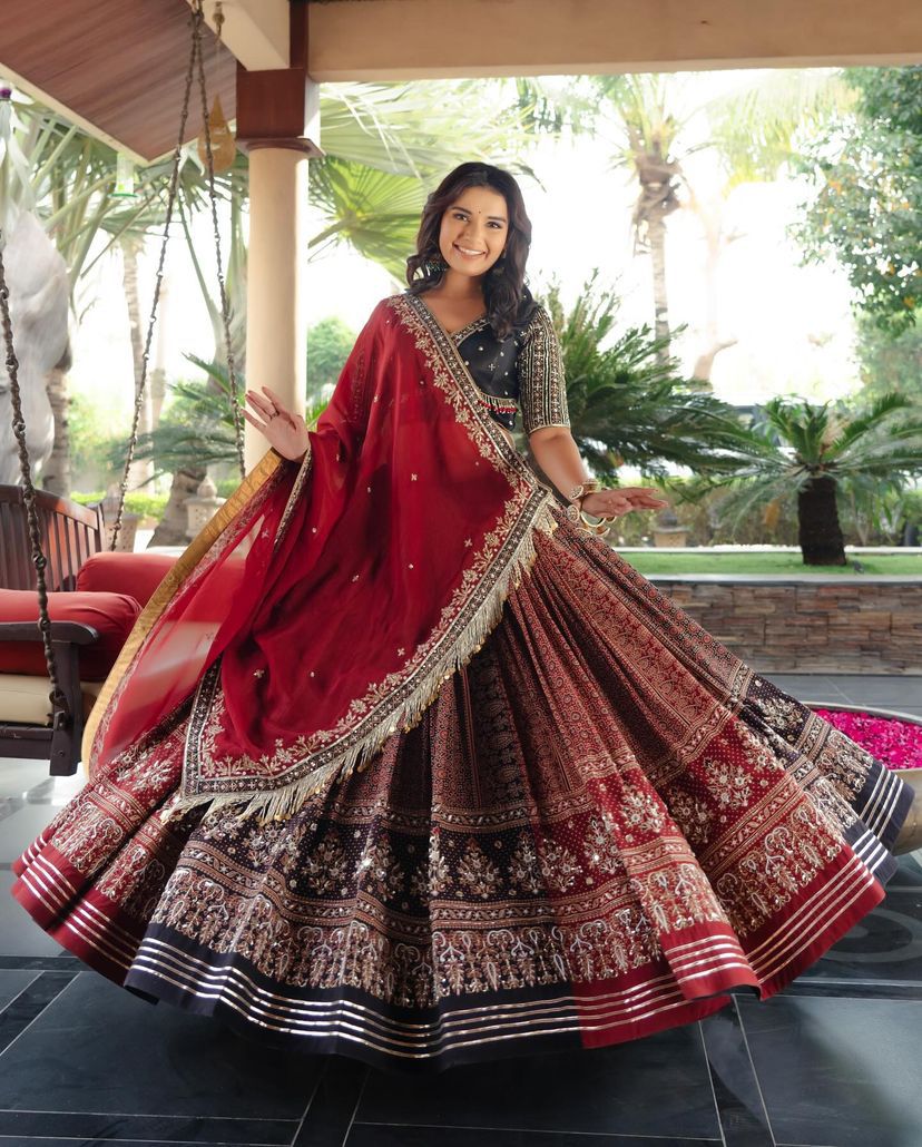 Red Ethnic Lehenga Choli with Digital Print Design for Women