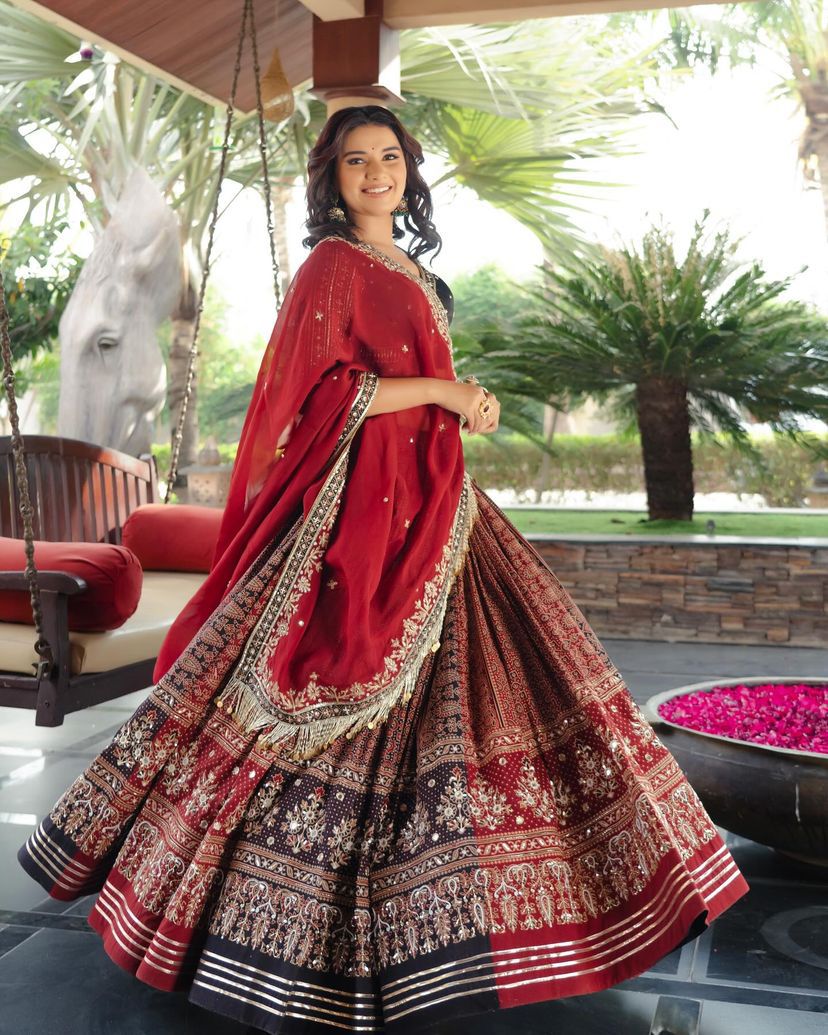 Red Ethnic Lehenga Choli with Digital Print Design for Women