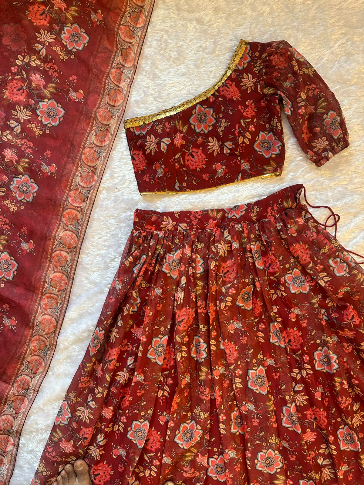 Red Floral Organza Lehenga Set with One Shoulder Blouse for Women