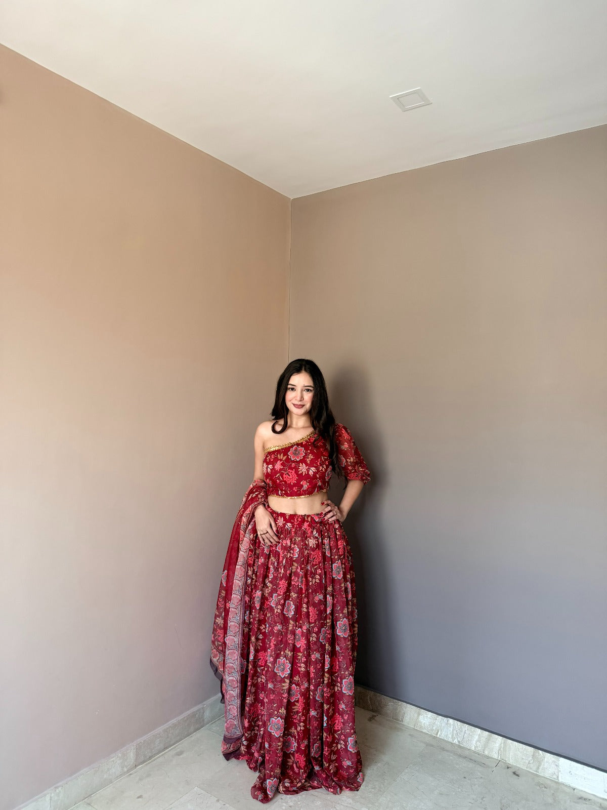 Red Floral Organza Lehenga Set with One Shoulder Blouse for Women