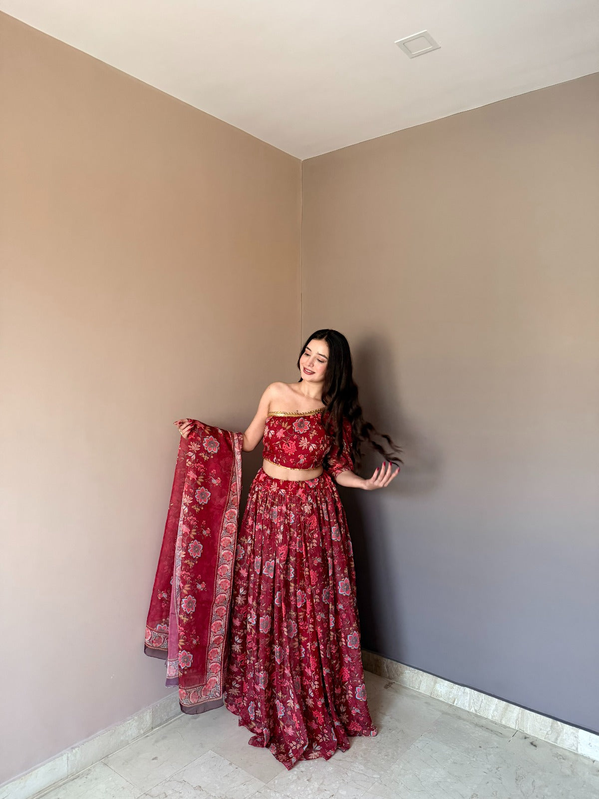 Red Floral Organza Lehenga Set with One Shoulder Blouse for Women