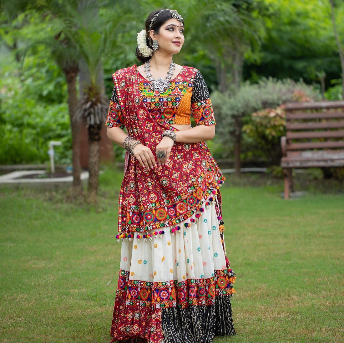 Red Multicolor Butter Silk Mirror Work Lehenga Set for Women