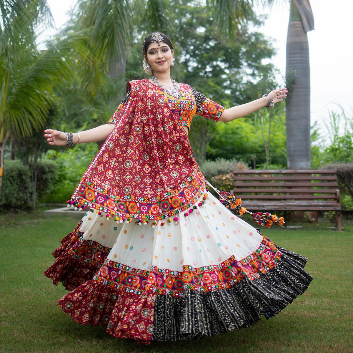 Red Multicolor Butter Silk Mirror Work Lehenga Set for Women