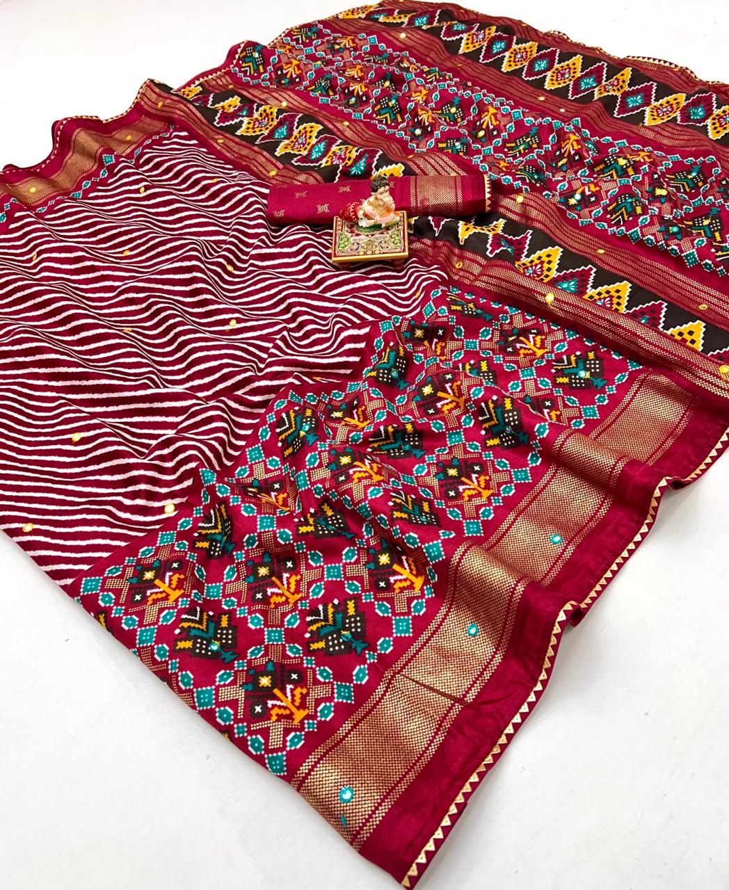 Red Patola Border Pashmina Silk Saree With Printed Pallu for Women
