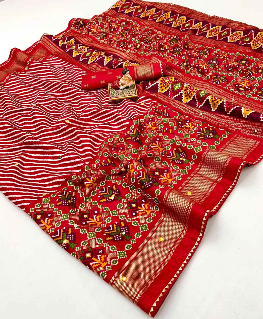 Classic Red Patola Print Pashmina Silk Saree With Mirror for Women