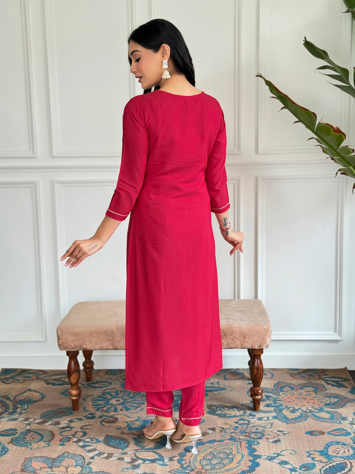 Red Embroidered Rayon Kurta Set with Silk Printed Dupatta for Women