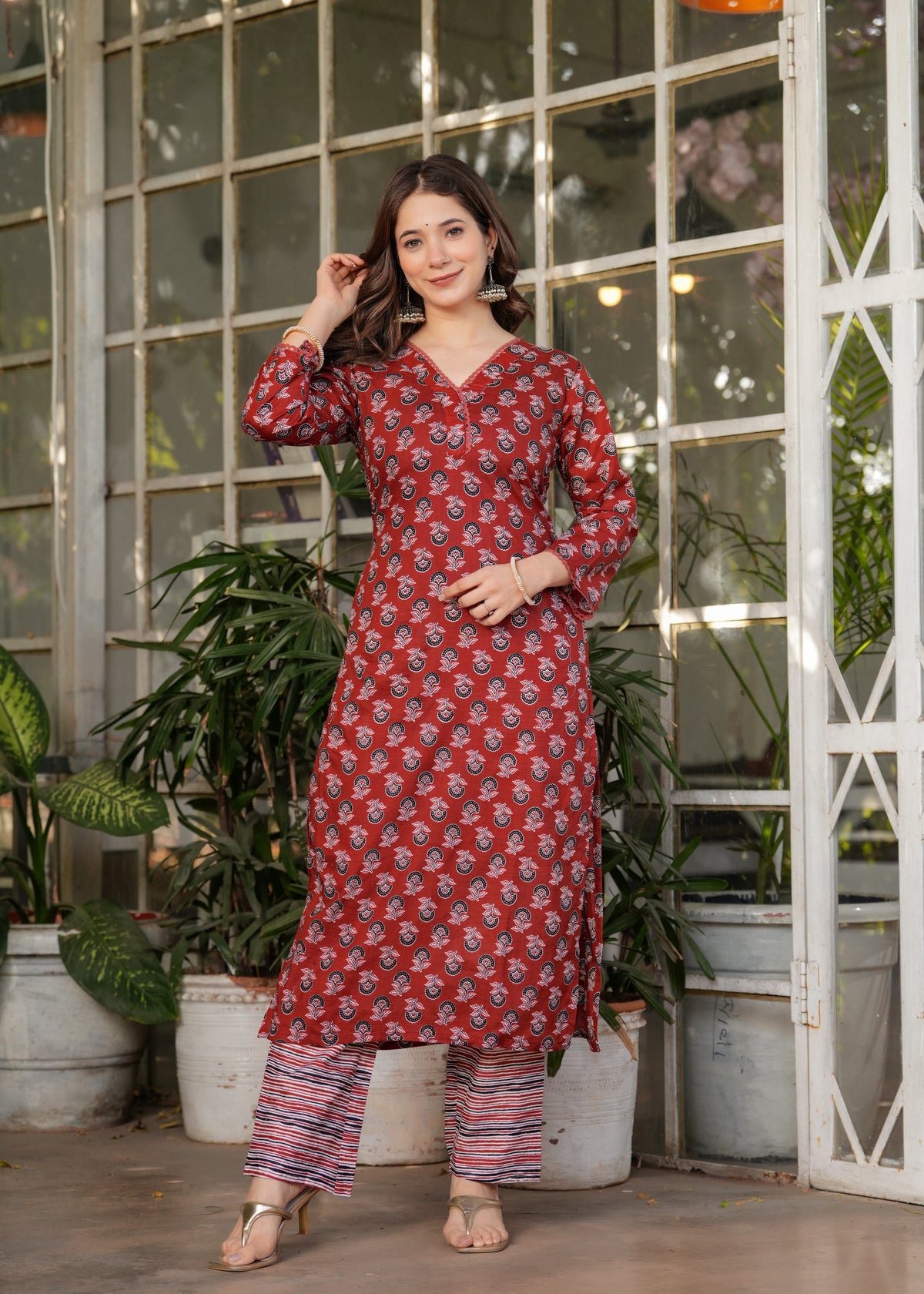 Red Silk Blend Floral Straight Suit with Dupatta for Women