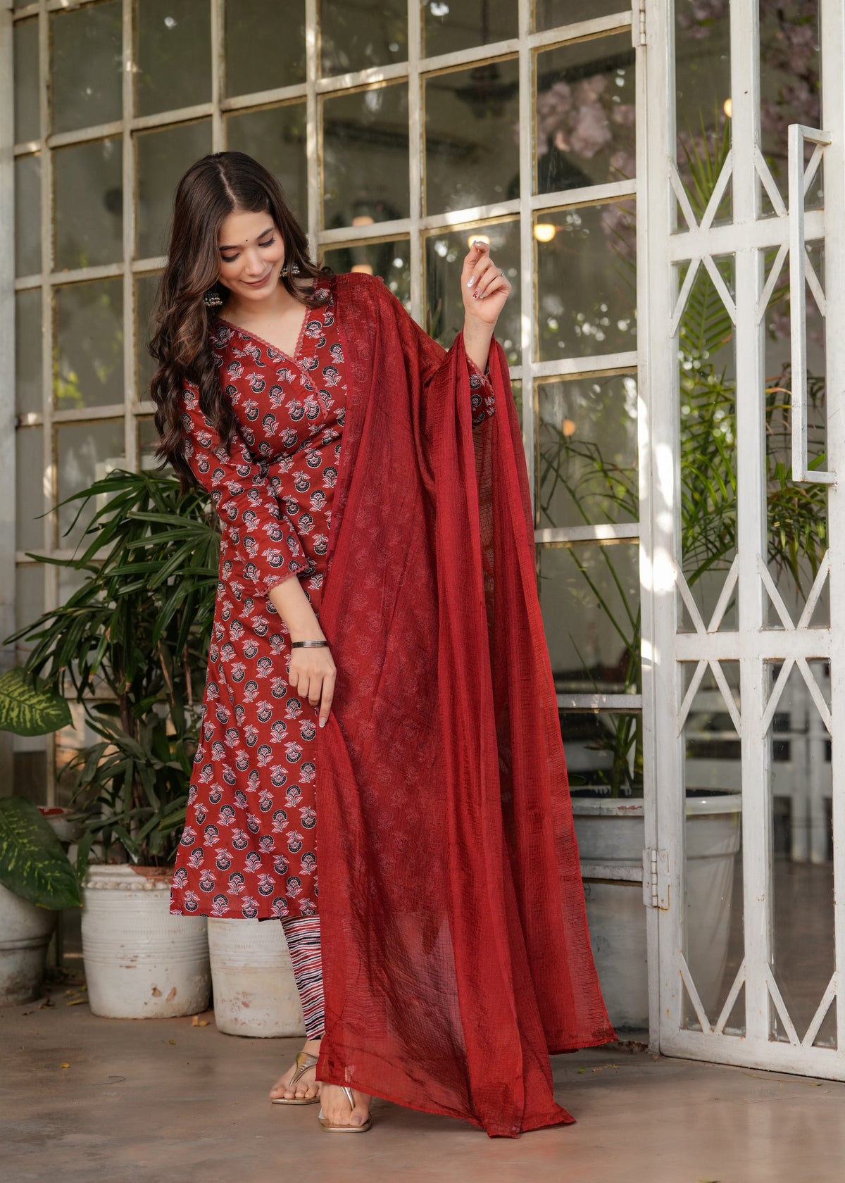 Red Silk Blend Floral Straight Suit with Dupatta for Women