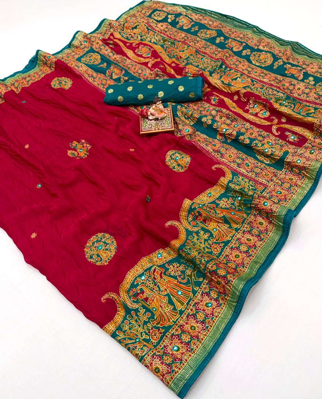 Traditional Red Crush Georgette Silk Saree With Tassel Pallu