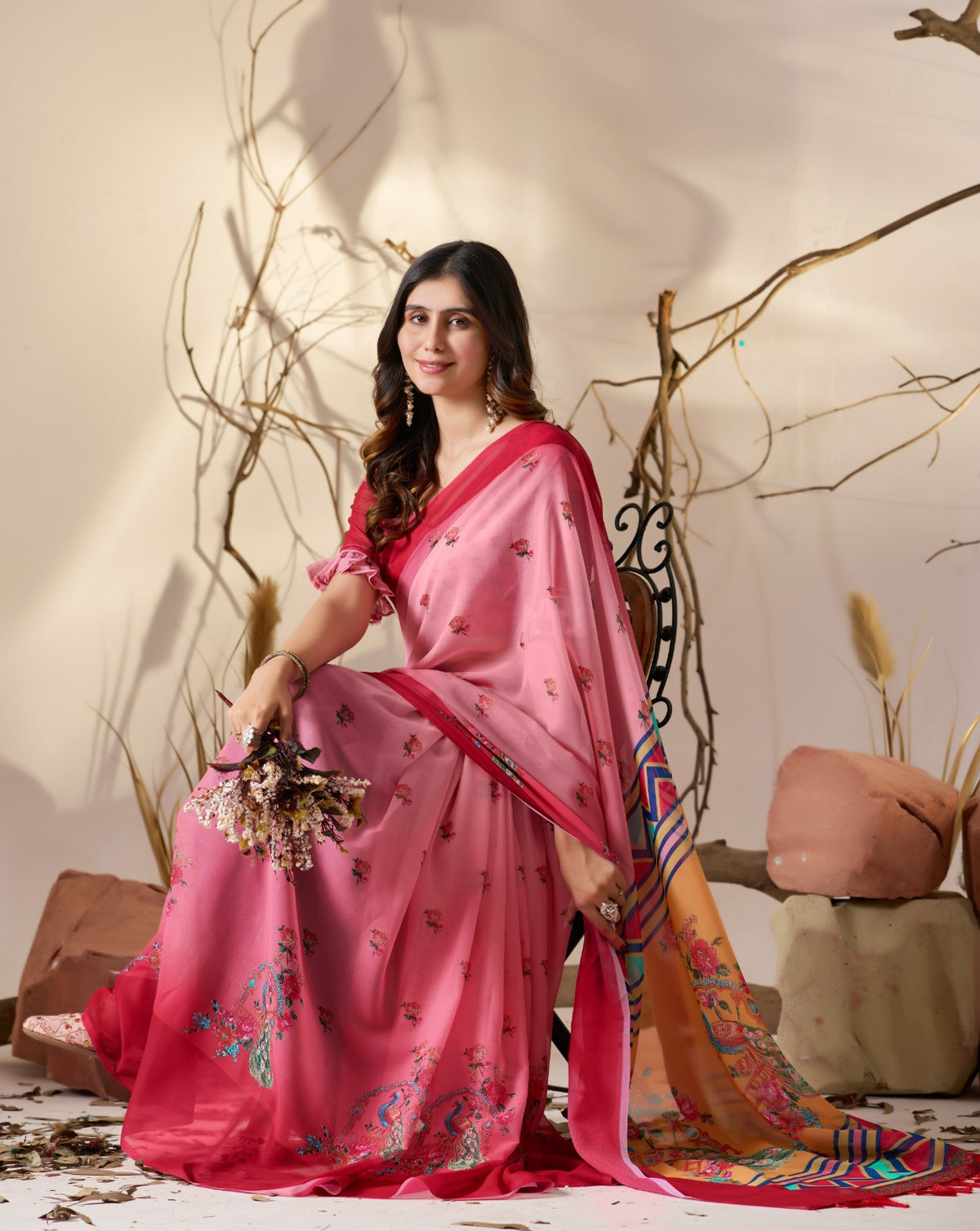 Rose Pink Georgette Designer Saree for Women