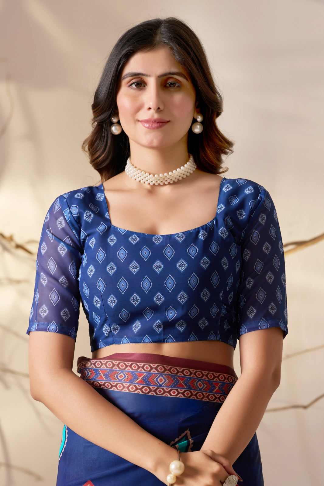 Royal Blue Georgette Printed Designer Saree for Women