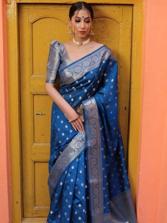 Classic Royal Blue Saree with Rich Zari Weaving for Women