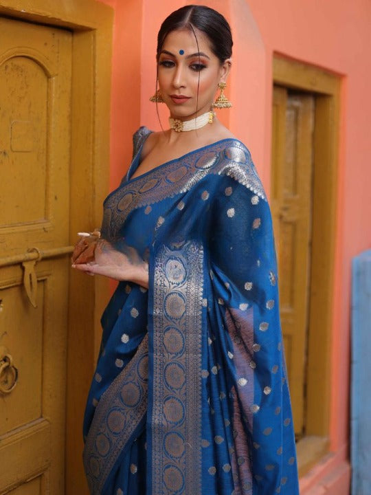 Classic Royal Blue Saree with Rich Zari Weaving for Women