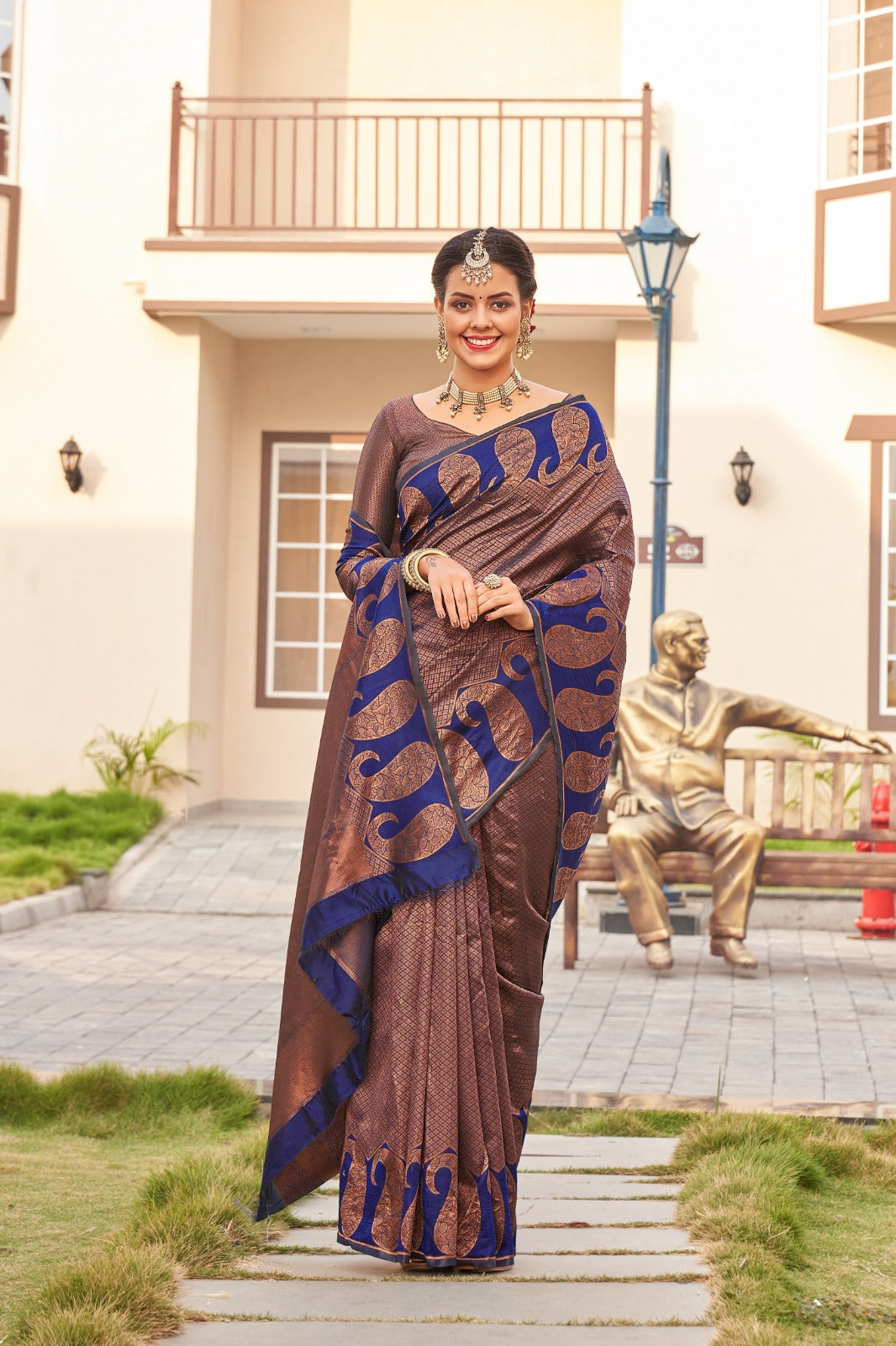 Royal Brown Blue Banarasi Silk Saree with Zari Design for Women