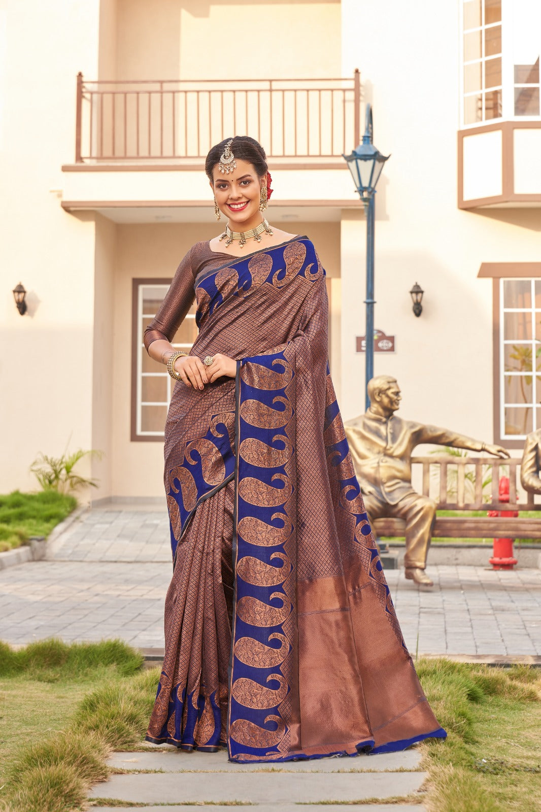 Royal Brown Blue Banarasi Silk Saree with Zari Design for Women