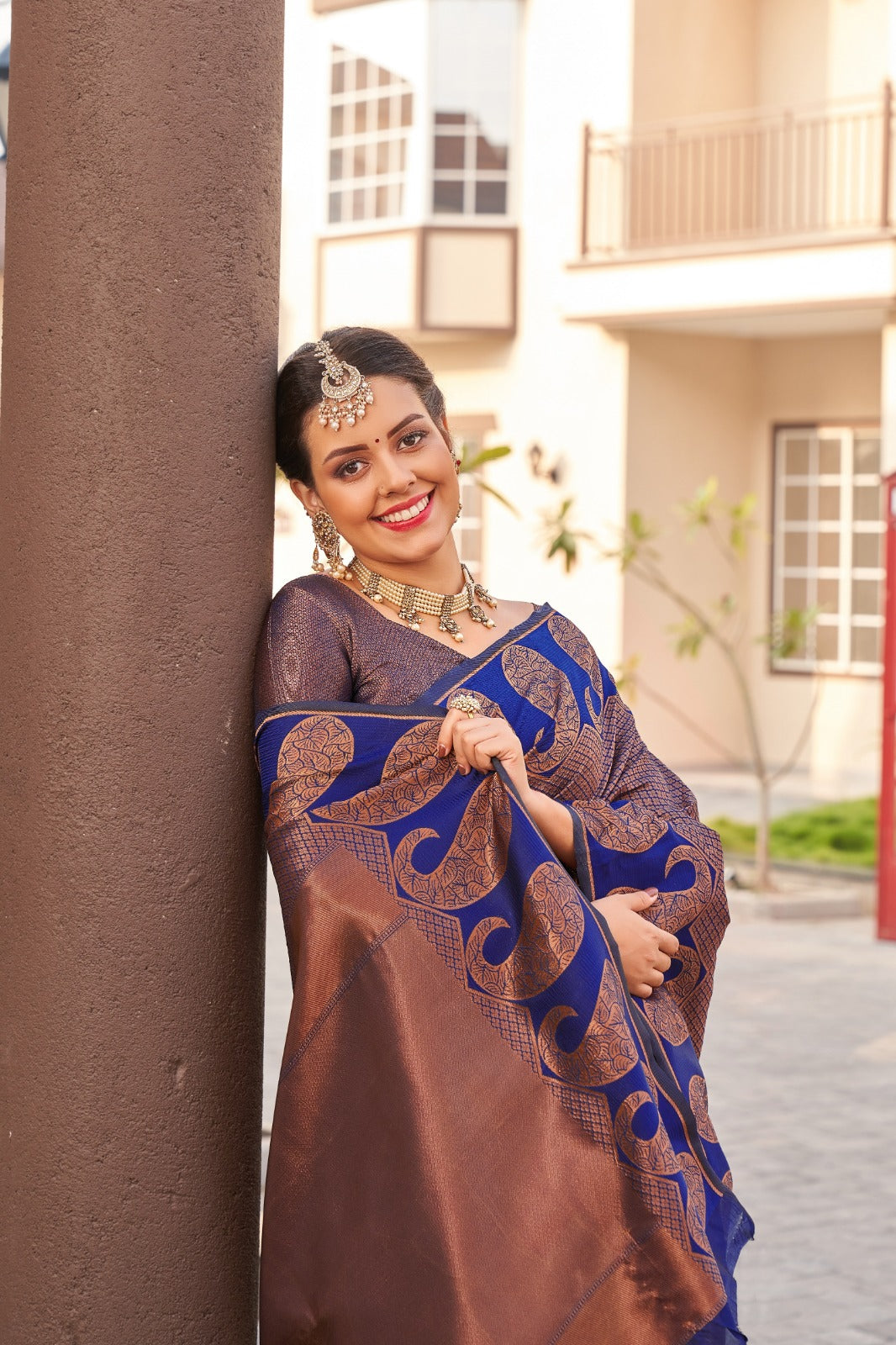 Royal Brown Blue Banarasi Silk Saree with Zari Design for Women