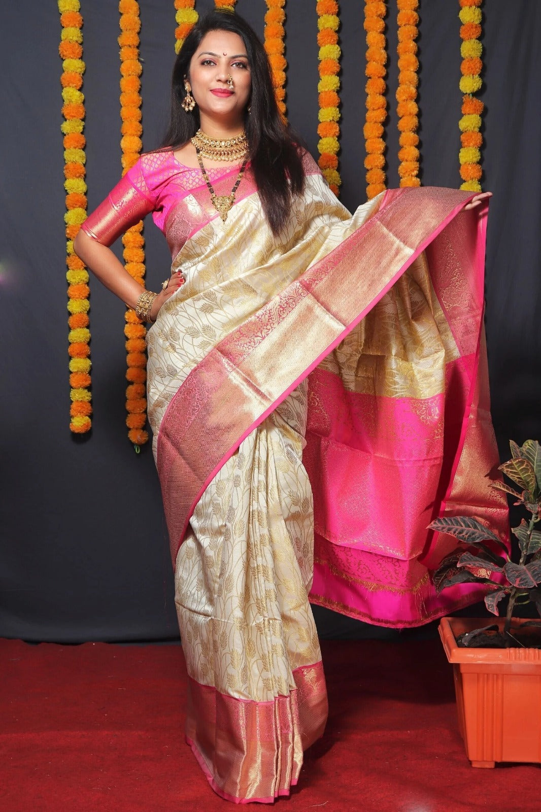 Royal Cream Silk Saree with Pink Zari Elegance Weave for Women