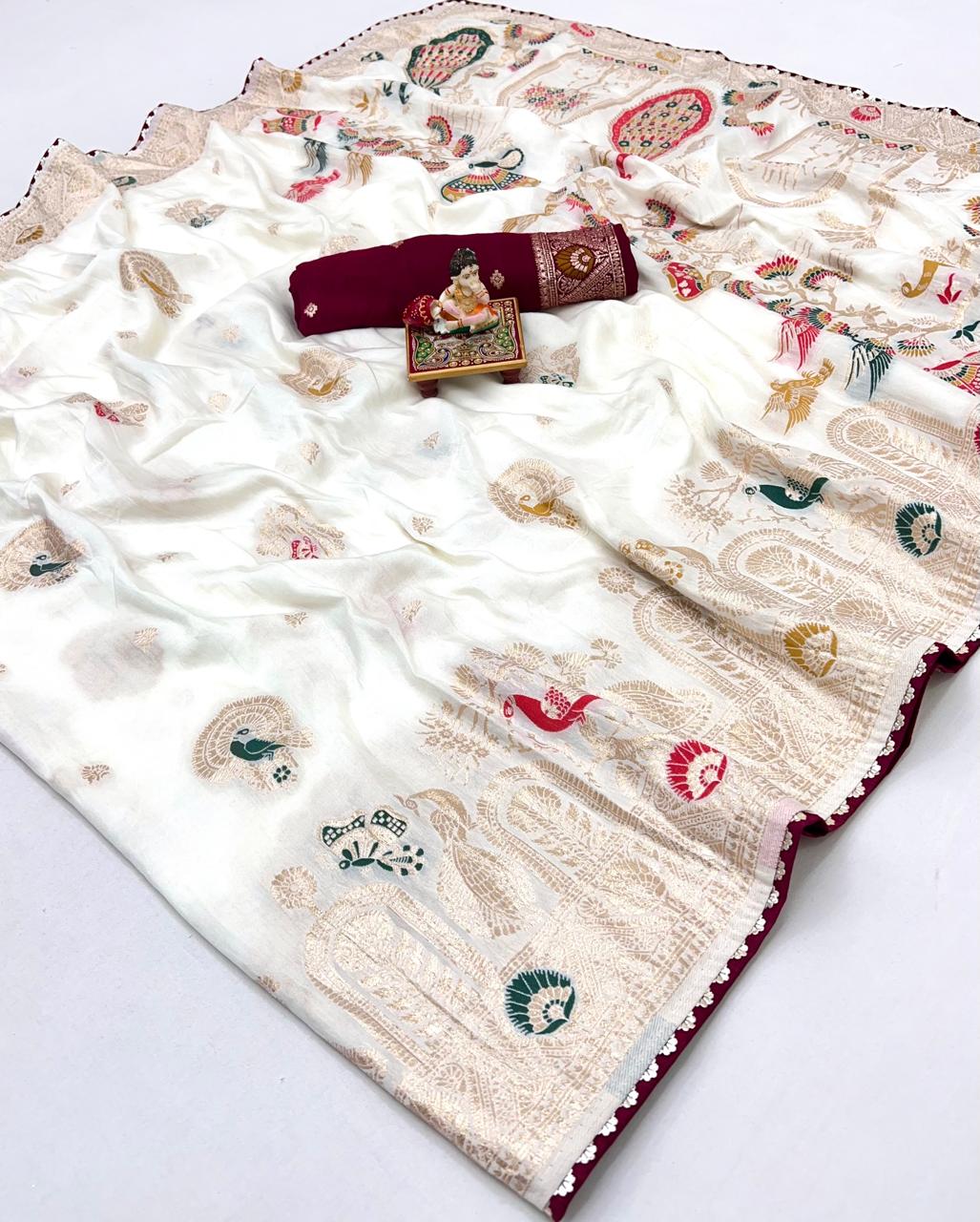 Royal Off White Zari Woven Maslin Silk Saree for Women