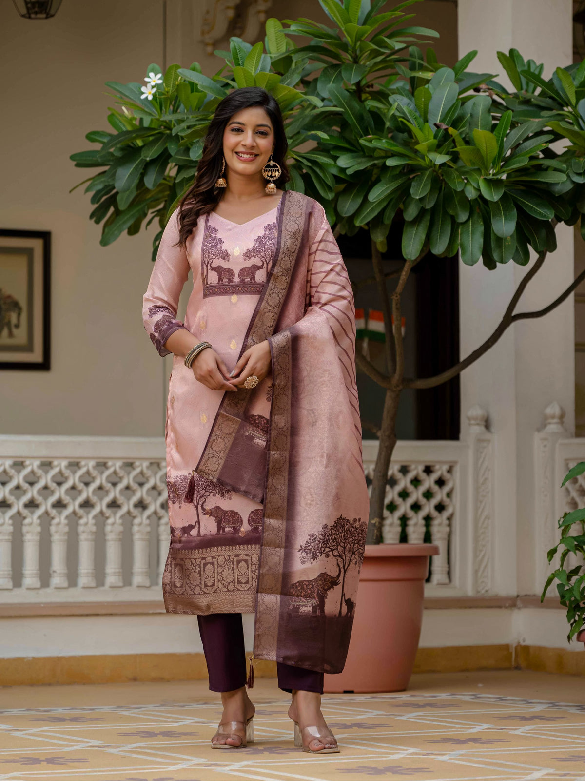 Royal Pink JacquardSilk Classic Printed Suit Set for Women