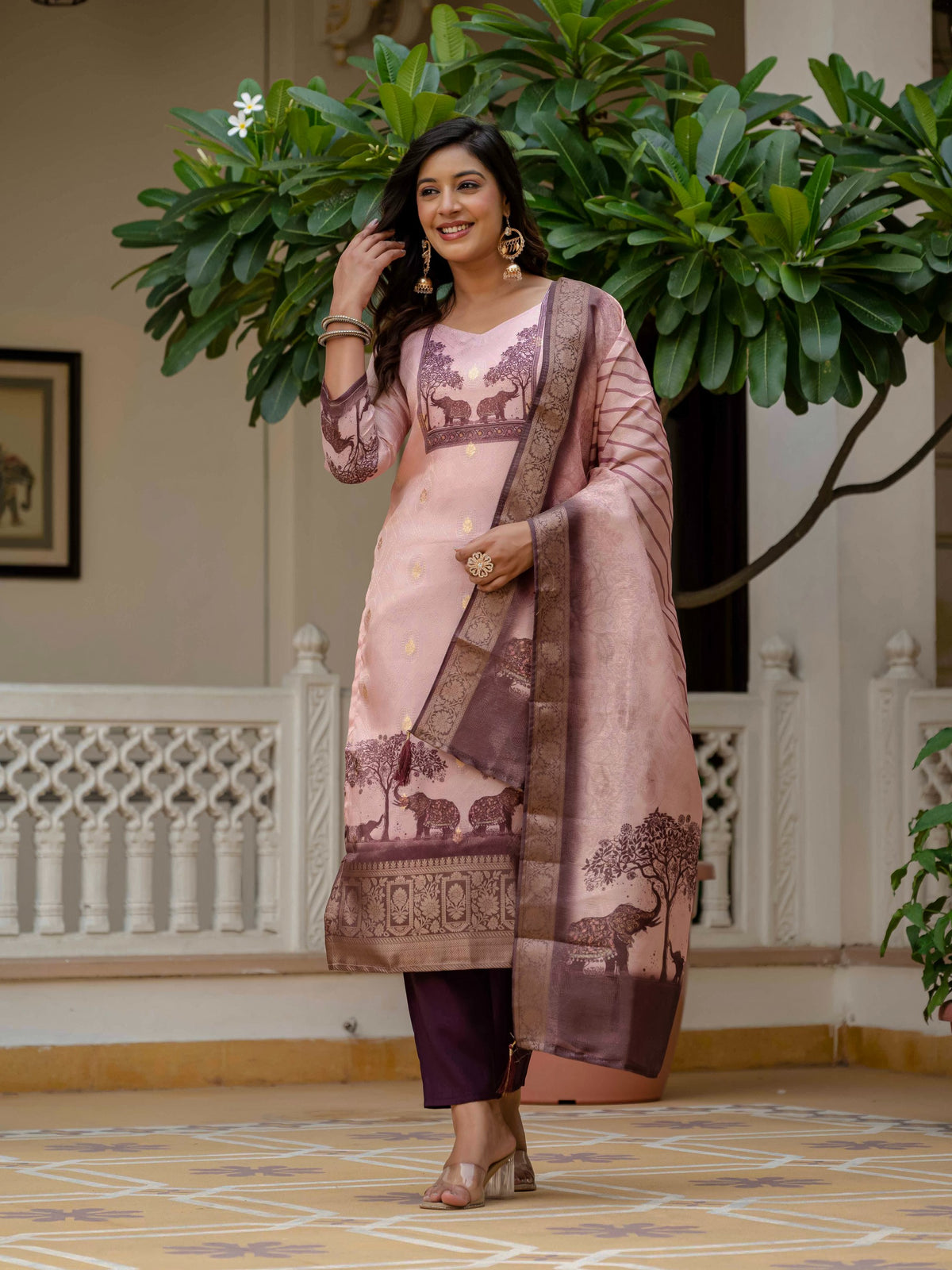 Royal Pink JacquardSilk Classic Printed Suit Set for Women