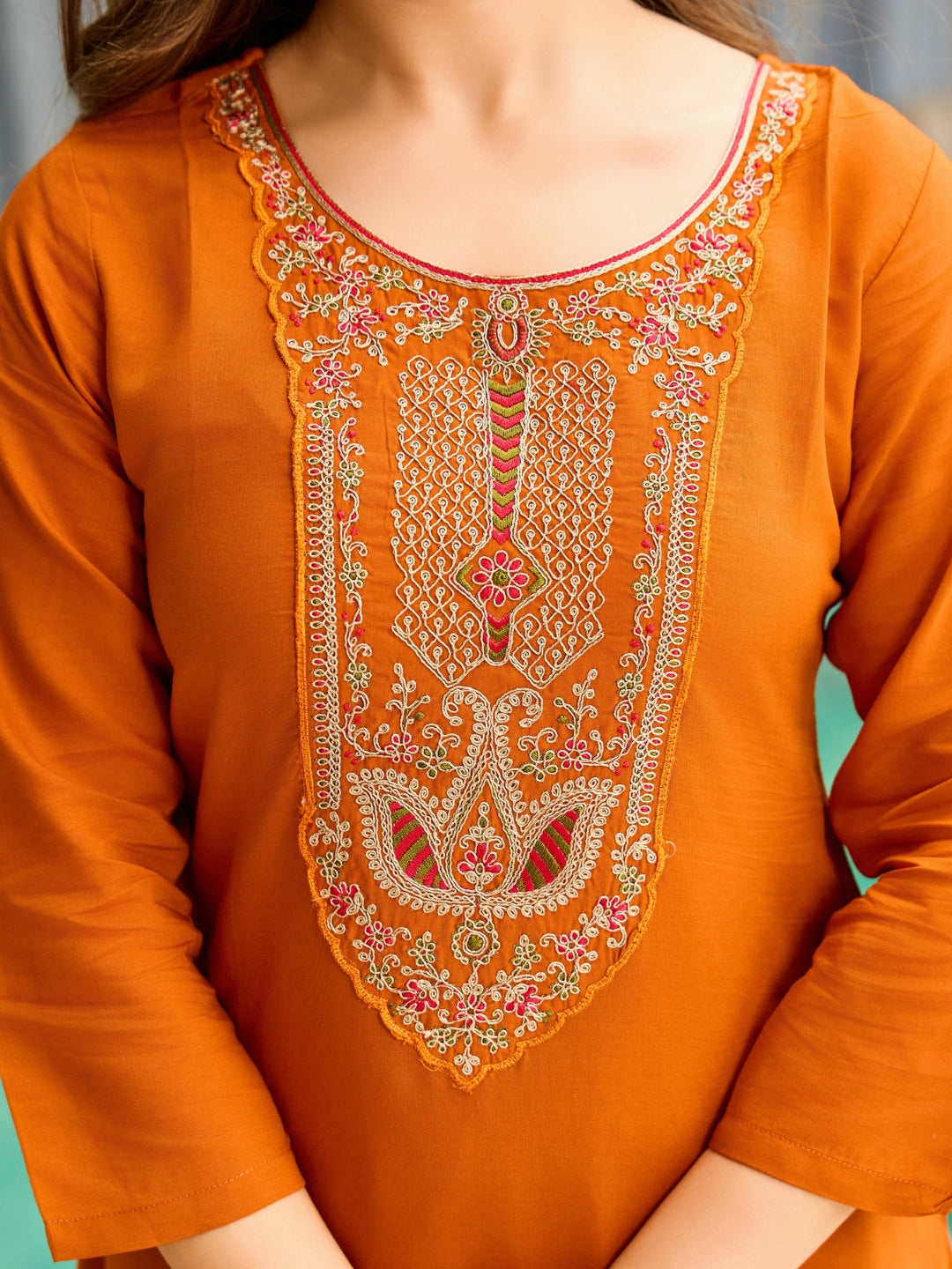 Rust Orange Embroidered Kurti Set with Dupatta for Women