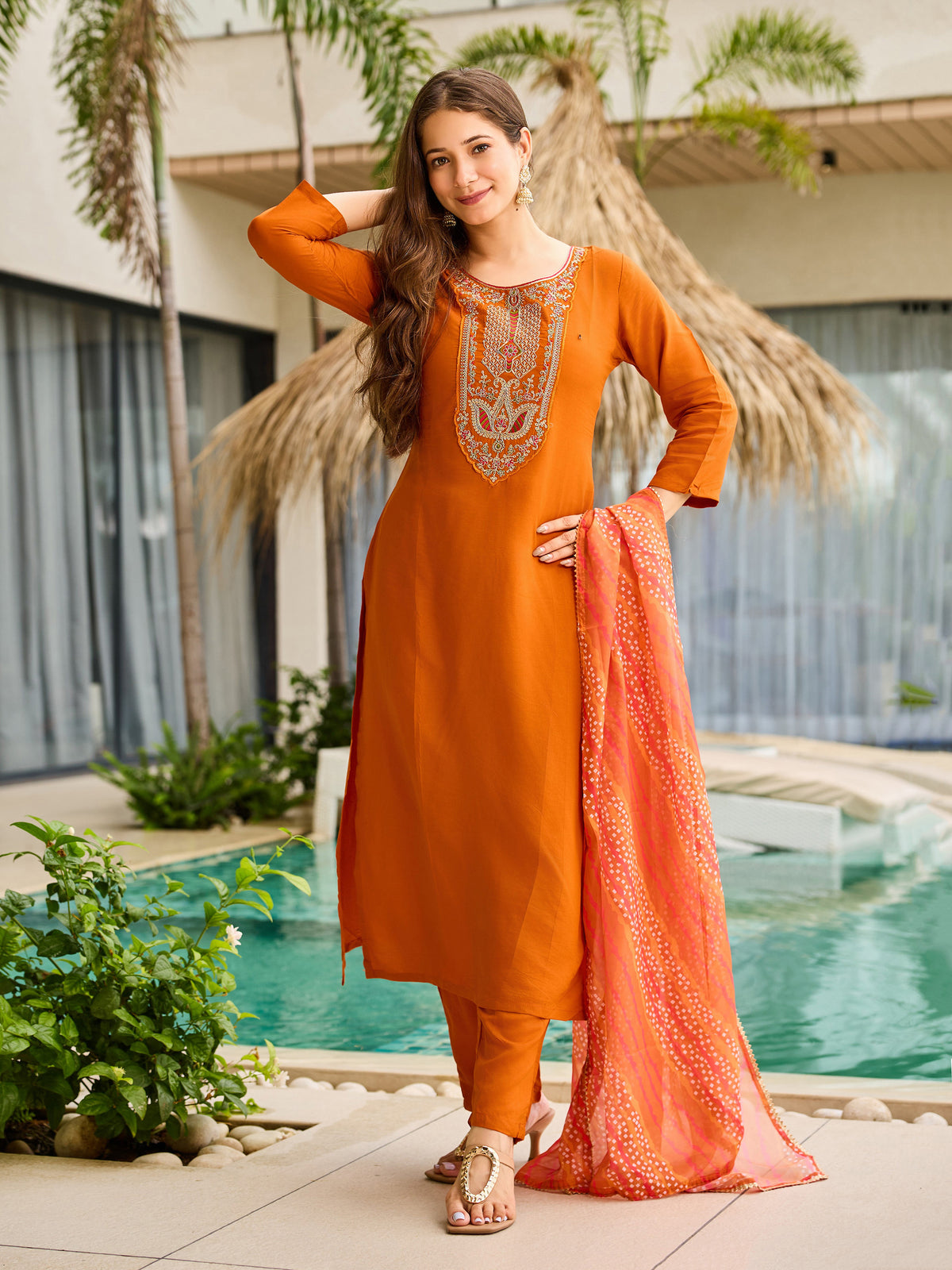 Rust Orange Embroidered Kurti Set with Dupatta for Women